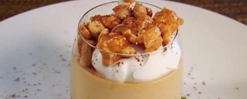 Salty Caramel Panna Cotta with Candy Corn and Nut Brittle
