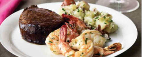 Steak w/ Herb and Garic Prawns and Potatoes