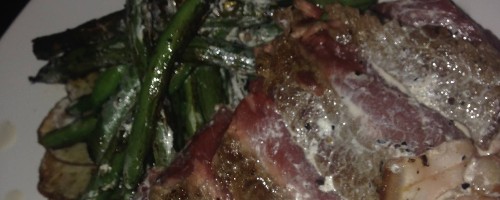Steak au Poivre, with Sauteed Green Beans and Pommes Anna