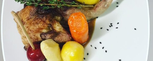 Caille en crapaudine et ses légumes glacés