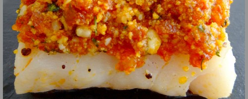 Filet de cabillaud en croûte de chorizo,risotto au parmesan