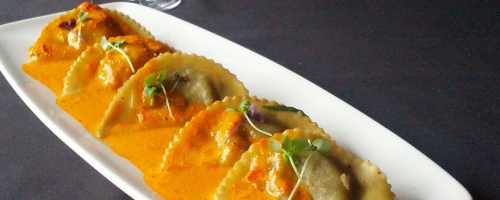 Mushroom and Spinach Ravioli Romesco