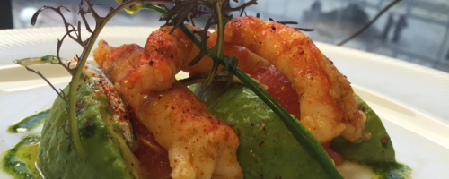 Gambas tandoori, avocat,  pomelos, huile de coriandre