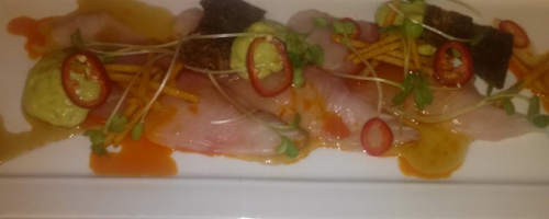 Hamachi Crudo w/ Avocado foam, soy dashi & green apple.