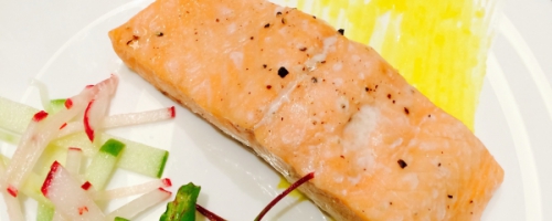 Seared salmon with green apple and radish salad
