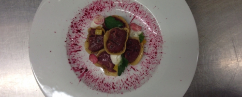 Beetroot Tortelli with goat cheese cream and heirloom beets!