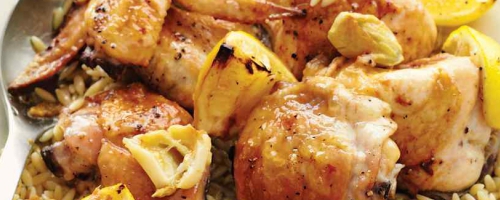 Lemon-Roasted Chicken with Arugula Salad and Dilled Orzo