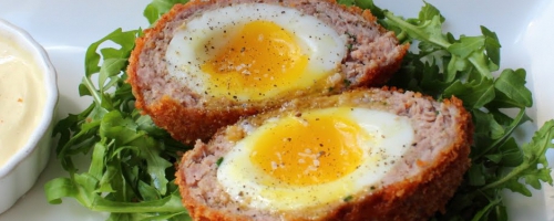 Quail egg scotch eggs with venison sausage