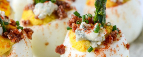 Goat Cheese and Ale-Mustard Devil Eggs