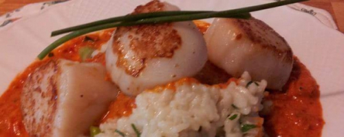 Seared Scallops with Herb Risotto and Tomato Burre Sauce