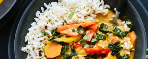 Red curry with rainbow vegetables and coconut rice