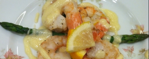 Roasted Shrimp and Aspragus with a Cirtus Buerre Blanc