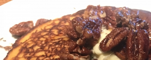 Sweet potato and candied pecan pancakes