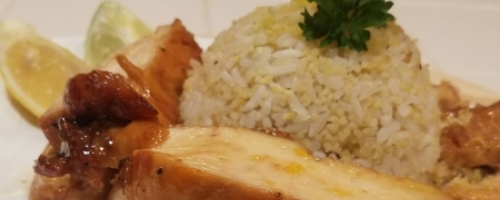 Mango Glazed Chicken with Lemon Garlic Rice and CousCous