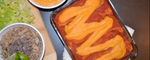 Cheesy Jackfruit Carnitas Enchiladas