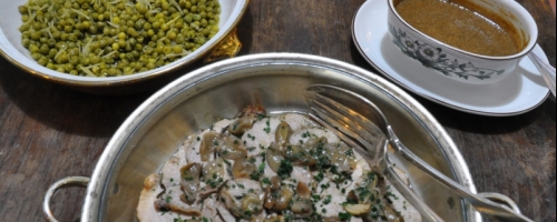 Pork 'n grapes, with lemon peas and balsamic zabaglione