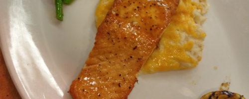 Orange glazed Salmon cheddar cheese mashed garlic butter asp