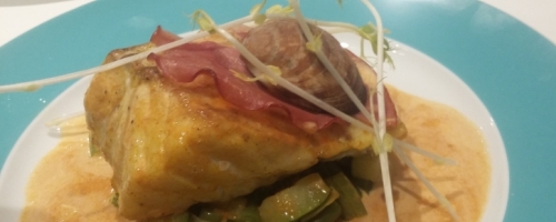Dos de cabillaud au jus de coquillage verdurette de légumes