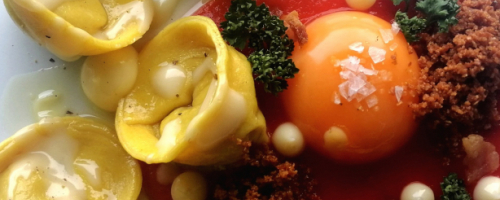 Tortelli de cerdo ibérico y col fermentado