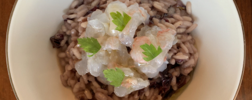 Red chicory risotto, shrimps tartar, shiso