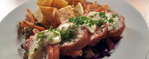 chicken ballotine, braised red cabbage and herb potatoes