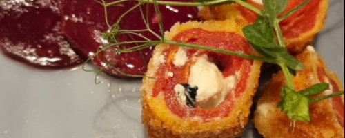 Deep fat fryed Red Pepper and Fetta Roll