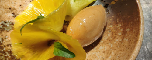 Grilled pineapple flake and sorbet.