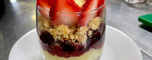 Trifle with strawberries and salted caramel ice cream