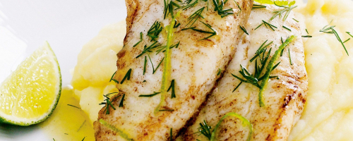 White fish with puree potatoes & seasonal vegetables