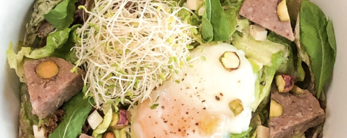 Pistachio Sausage Salad and Egg Parfait in Gribiche Sauce