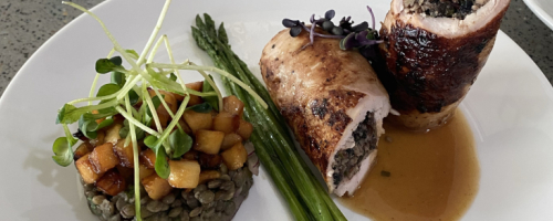 Foie Gras-stuffed Chicken Breast, Lentils, Apple Confite