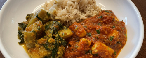 Indian eggplant curry, paneer tikka, cumin infused rice