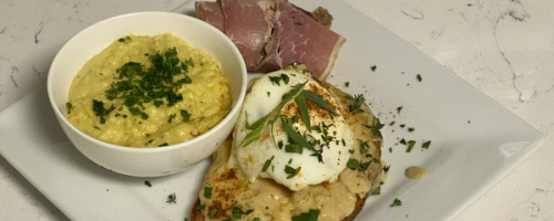Lobster Croque Madame w Prosciutto and Smoked Gouda Grits