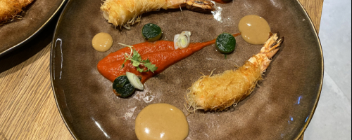 Gambas, piquillos et sauce crustacé