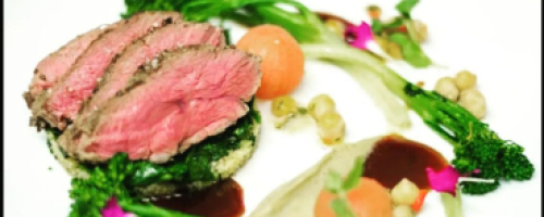 Marinated Lamb, chickpeas salad and broccolini with eggplant