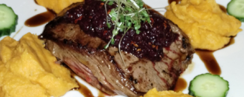 Bavette de boeuf sauce au cassis et purée de patate douce