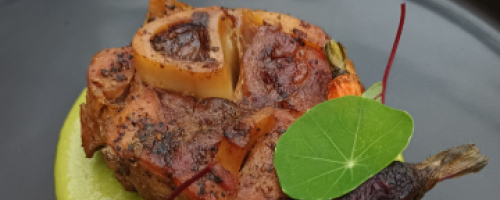 Pork ossobuco with green pipian and sautte veggies