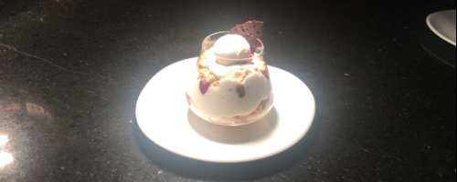 Key lime pie deconstructed with red fruits