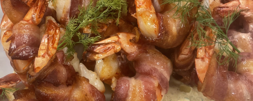Horseradish, bacon, wrapped shrimp