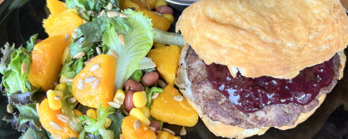 Bison burger on fry bread with three sisters salad