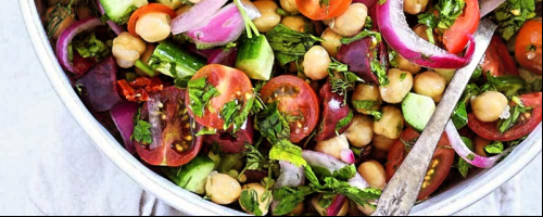 Chickpea Mediterranean salad with a pomegranate vinegarette