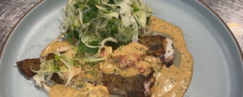 Dover Sole with fennel and dill salad lobster bisque sauc