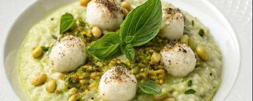 Basil Risotto with Burrata Cream and Toasted Nuts