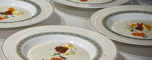 Textured Melon Ajo Blanco with Salmon Roe and Quail Egg