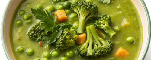Truffled Green Pea Cream with Bimi Crudités and Celeriac Pur