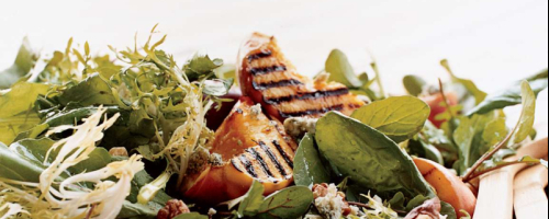 Mix Green Salad with Grilled Peaches, Walnuts, Vinaigrette