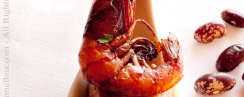 Skewer of Lard-Wrapped Shrimp with Bay Leaf