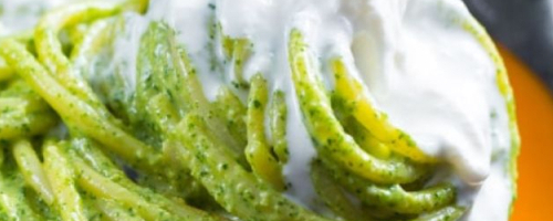 Chilled Linguine with Rocket Pesto, Burrata & Lime Zest