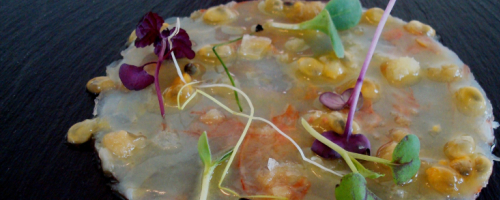 carpacio de langostino y fruta de la pasion