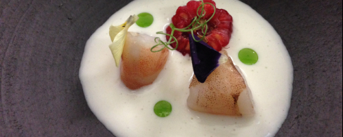 cigala, vichisoisse , frambuesa y menta